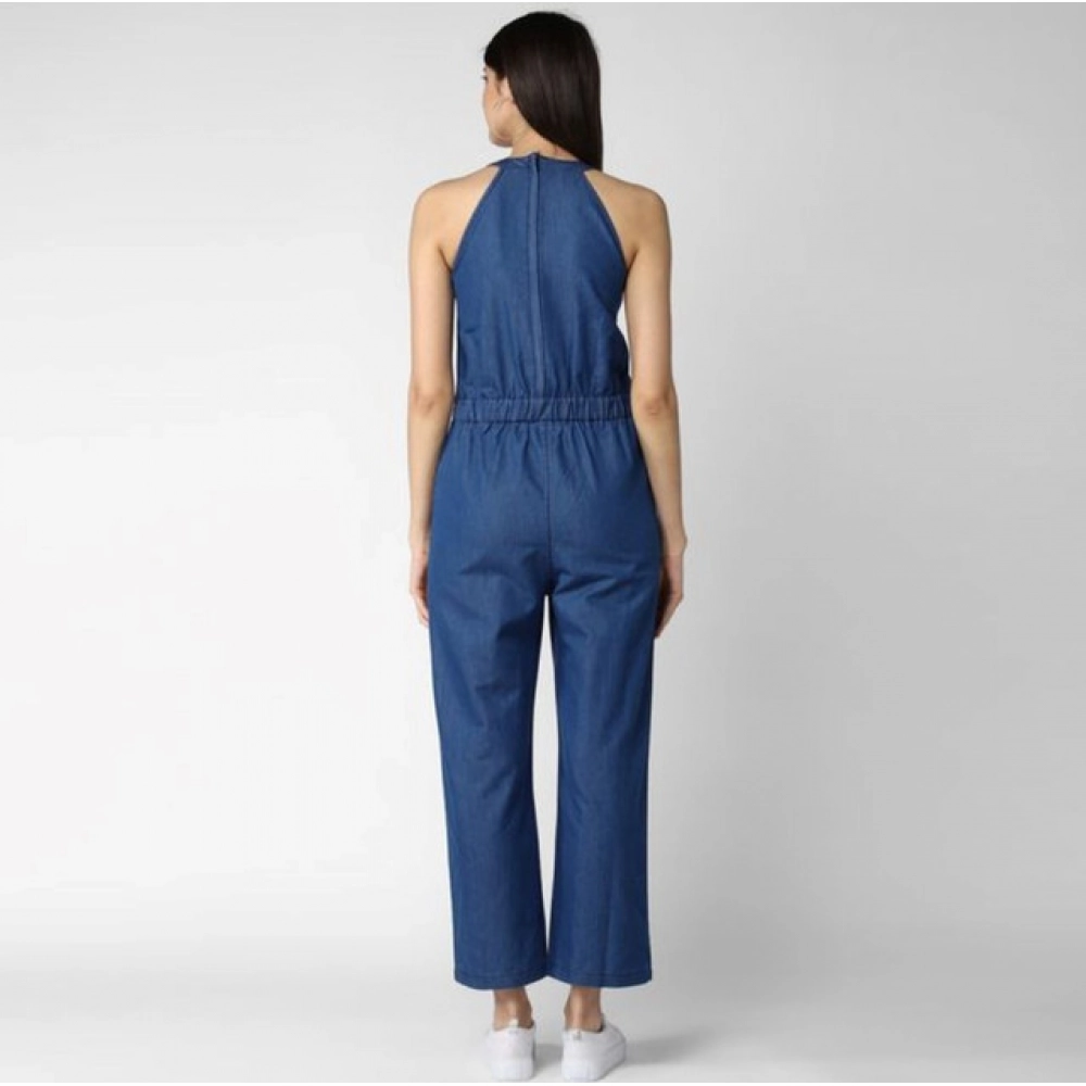 Women's Denim Solid Sleeveless Jumpsuit (Blue) - Image 2