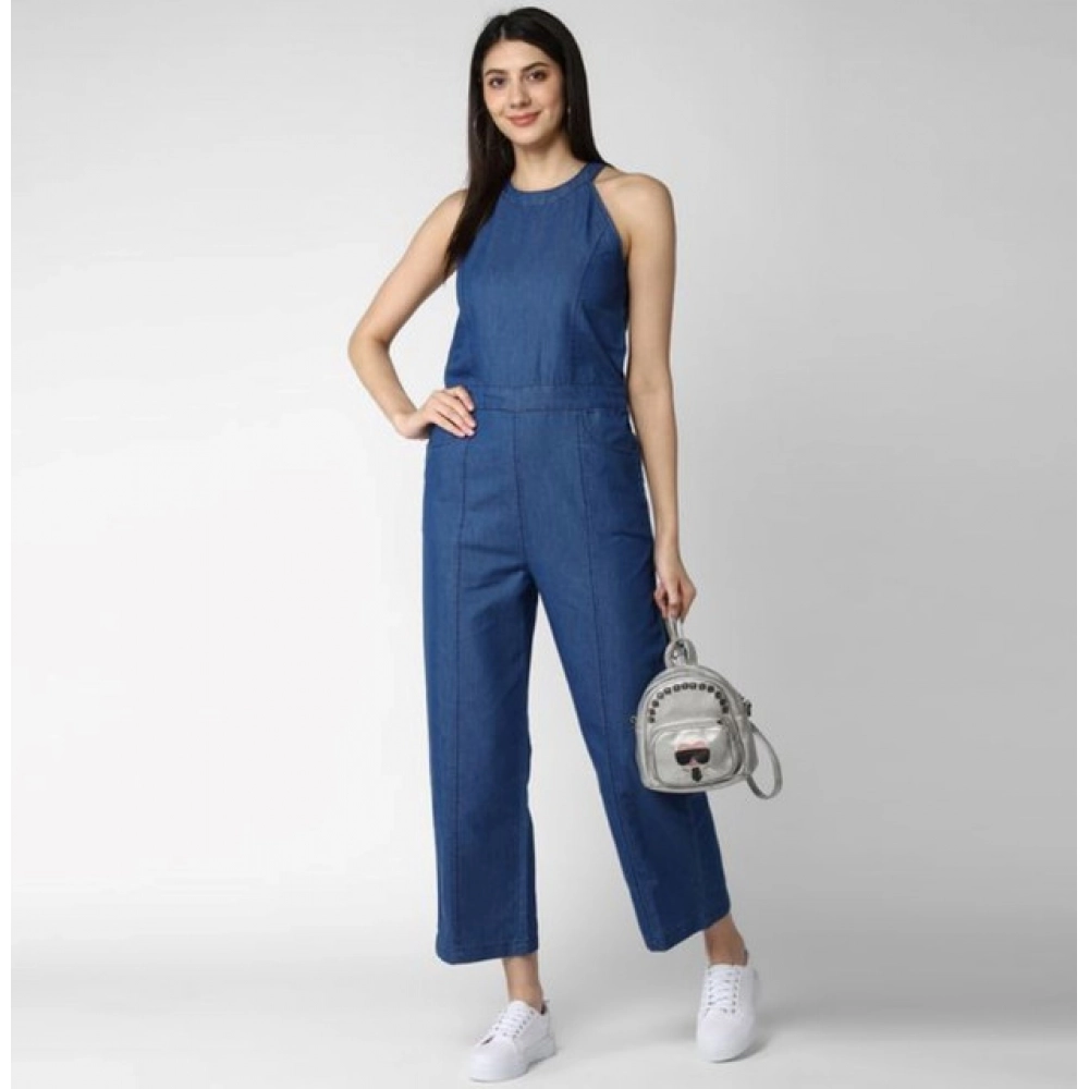 Women's Denim Solid Sleeveless Jumpsuit (Blue) - Image 3