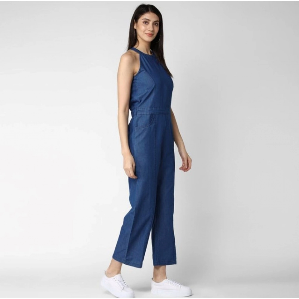 Women's Denim Solid Sleeveless Jumpsuit (Blue) - Image 4