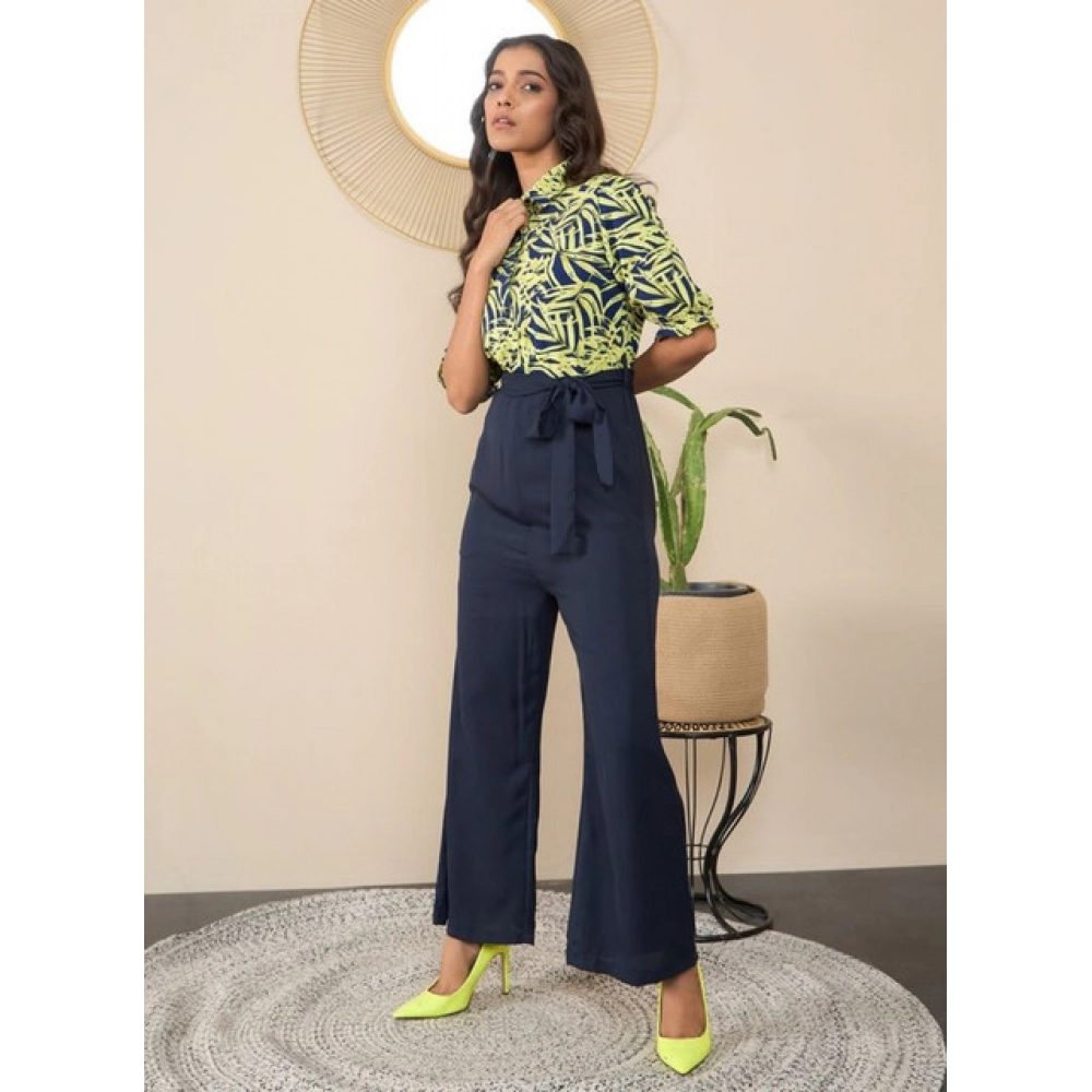 Women's Polyester Floral Half Sleeves Jumpsuit (Navy - Yellow) - Image 2