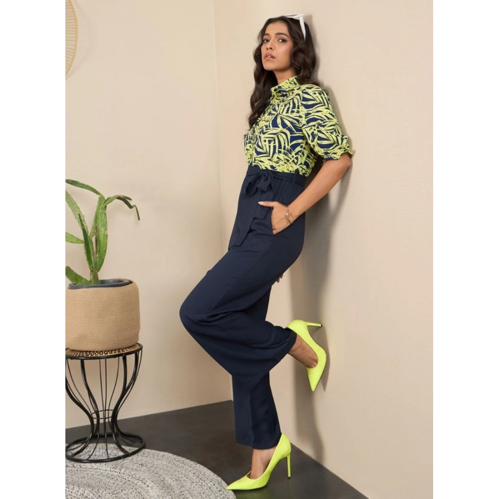 Women's Polyester Floral Half Sleeves Jumpsuit (Navy - Yellow) - Image 3
