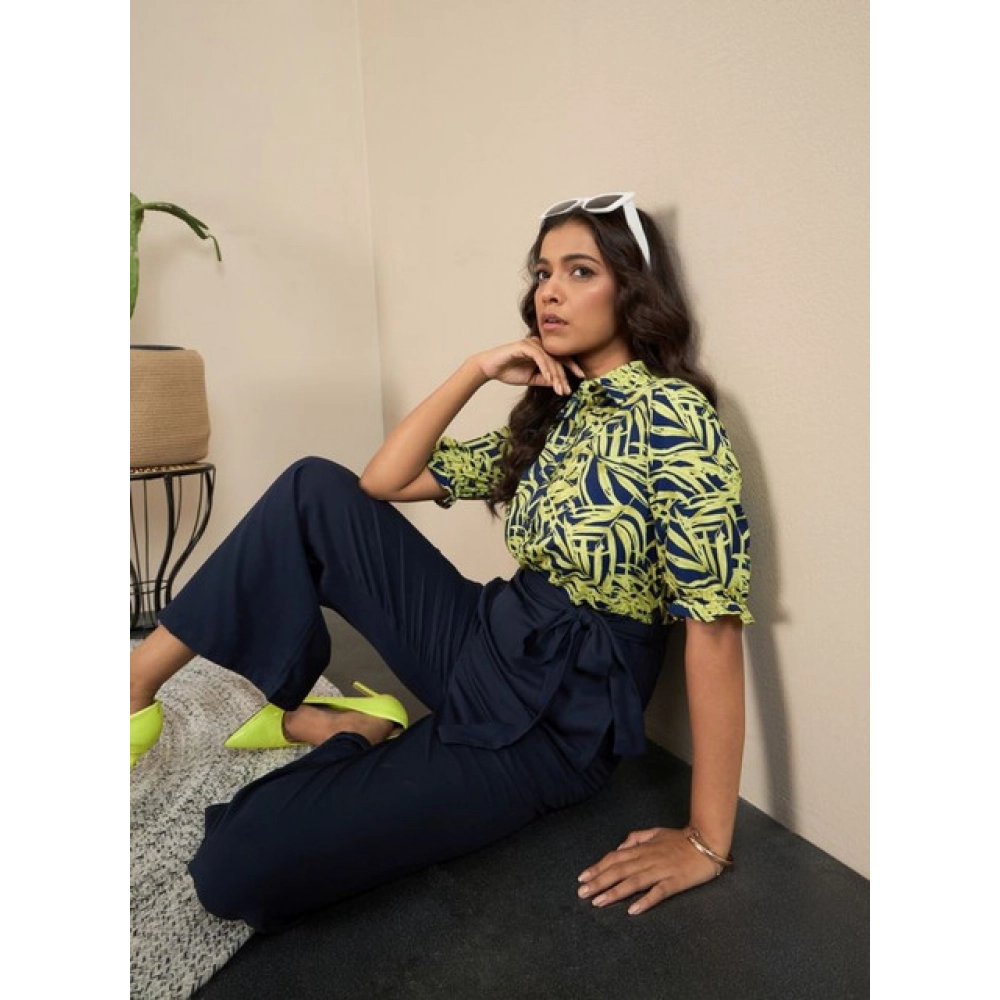 Women's Polyester Floral Half Sleeves Jumpsuit (Navy - Yellow) - Image 4