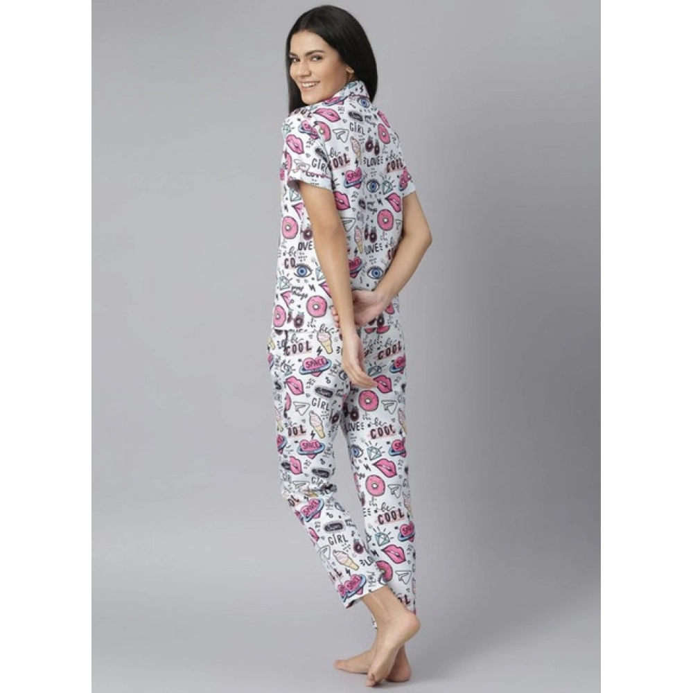 Women's Cotton Blend Printed Short Sleeve Night Suit (Multicolor) - Image 2