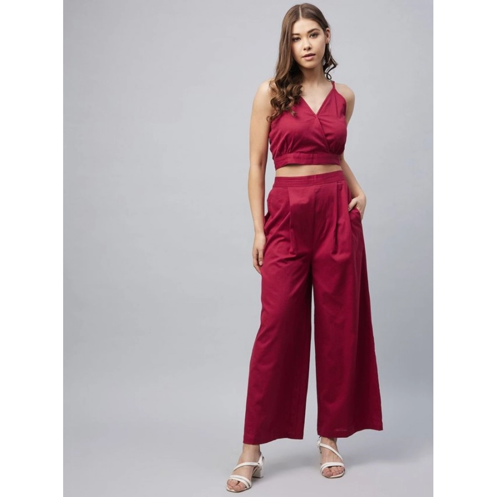 Women's Cotton Linen Solid Sleeveless Crop Top and Palazzo Set (Maroon) - Image 3