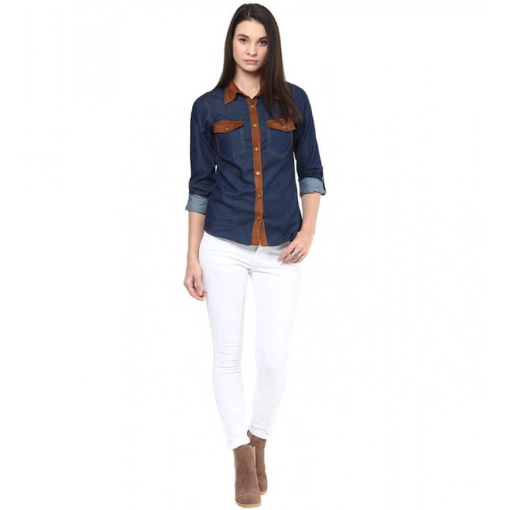 Women's Denim Cotton based Solid Long Sleeves Shirt (Blue) - Image 3