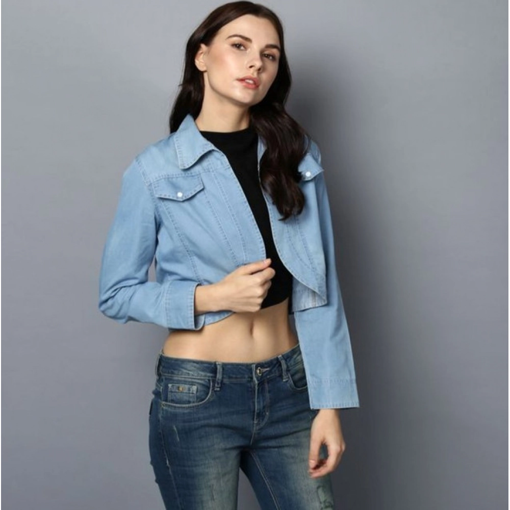 Women's Denim Solid 3-4th Sleeves Shrug (Blue) - Image 4