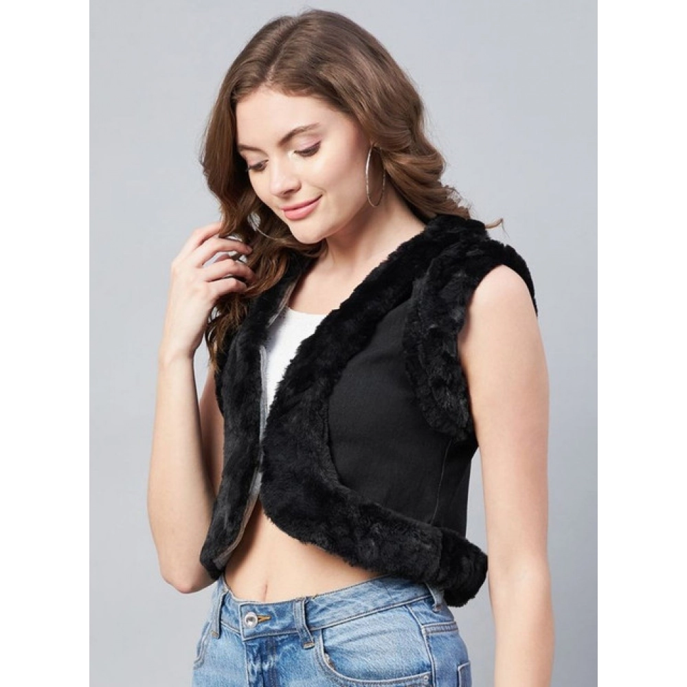 Women's Denim And Fur Solid Sleeveless Shrug (Black) - Image 3