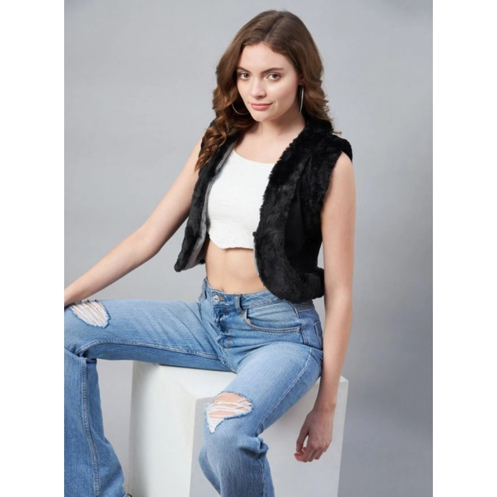 Women's Denim And Fur Solid Sleeveless Shrug (Black) - Image 4
