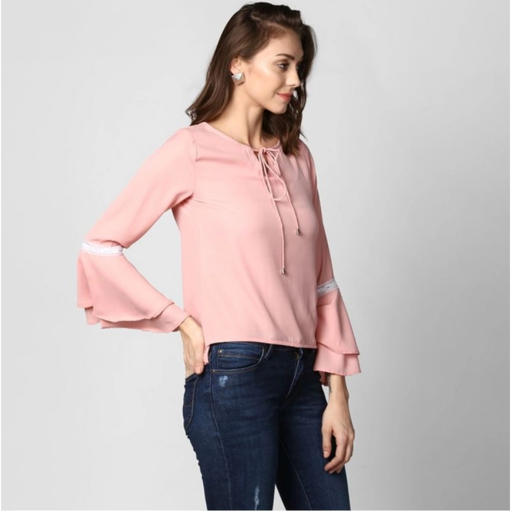 Women's Polyester Solid Bell Sleeve Top (Pink) - Image 4