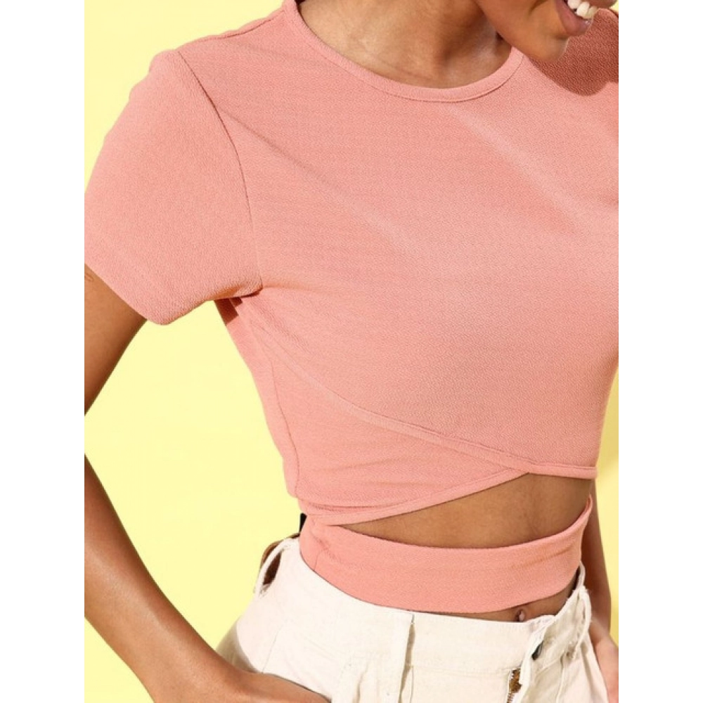 Women's Polyester Lycra Solid Short Sleeve Top (Pink) - Image 2