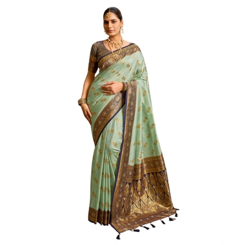 Women's Silk Blend Booti Work Ready to wear Saree With Unstitched Blouse 5.5Mtr (SeaGreen) - Image 2