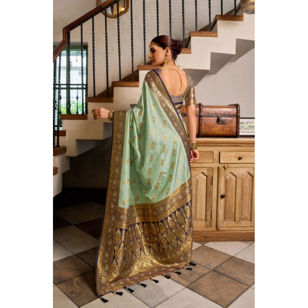 Women's Silk Blend Booti Work Ready to wear Saree With Unstitched Blouse 5.5Mtr (SeaGreen) - Image 3