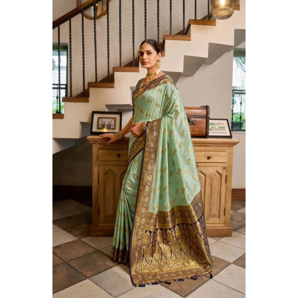 Women's Silk Blend Booti Work Ready to wear Saree With Unstitched Blouse 5.5Mtr (SeaGreen) - Image 4
