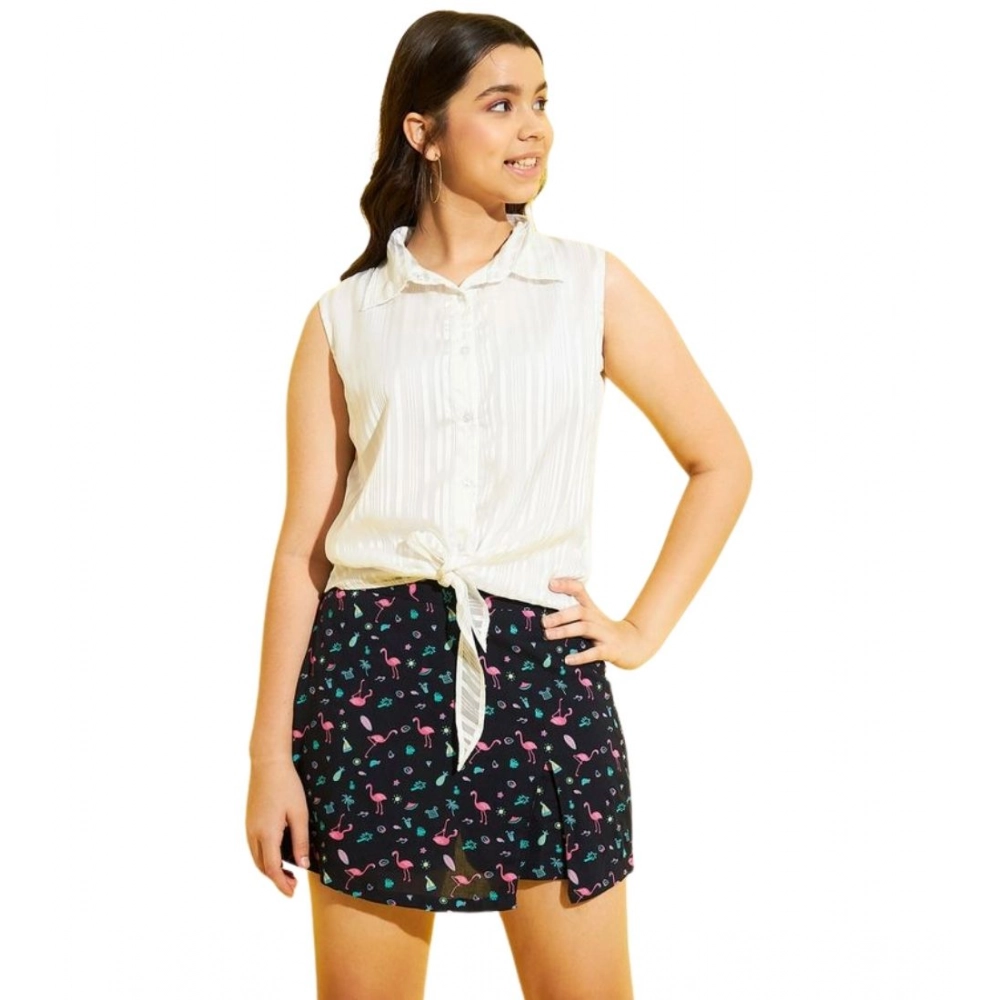 Girl's Polyester Lurex Printed Sleeveless Top Set (White-Navy) - Image 2