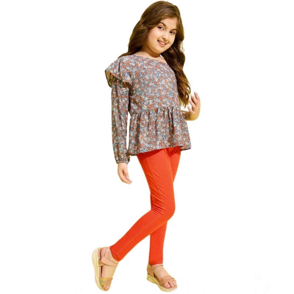 Girl's Polyester Floral One Shoulder Jeggings Set (Grey-Orange) - Image 2