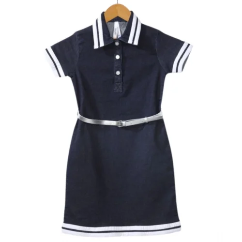 Girl's Denim Lycra Ribbed Elasticated Dress with Belt (Navy Blue-White)