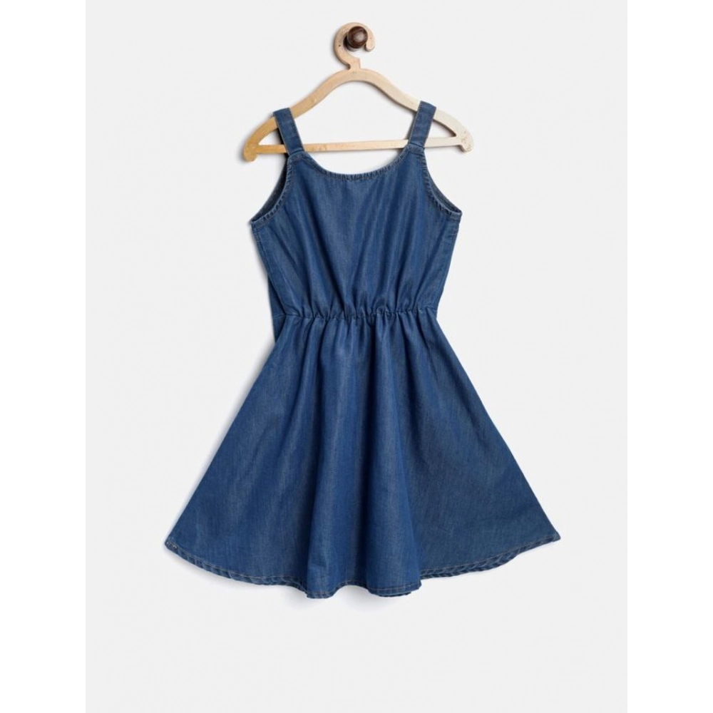 Girl's Denim Printed Short Sleeve Dress with Straps (Blue) - Image 2