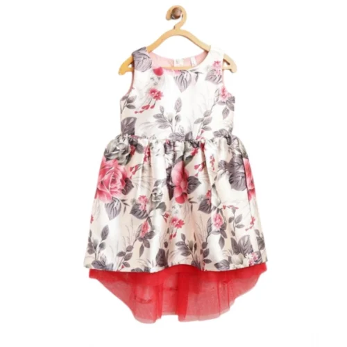 Girl's Polyester & Net Inset Sleeveless Dress with Net Inset (Off White)