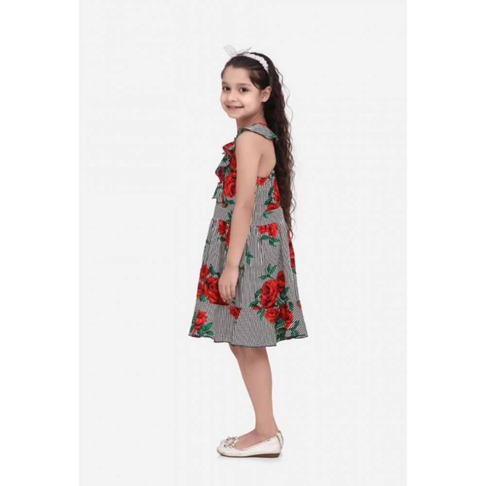 Girl's Polyester Crepe Floral Shoulder Straps Dress (Red) - Image 4