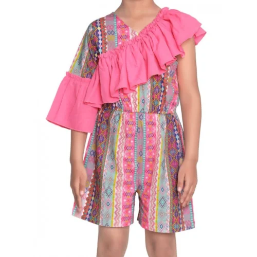 Girl's Cotton & Polyester Printed 3/4th Sleeves Dress (Pink)
