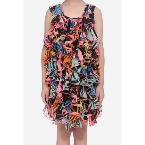 Girl's Chiffon Ruffled Sleeveless Dress (Black)