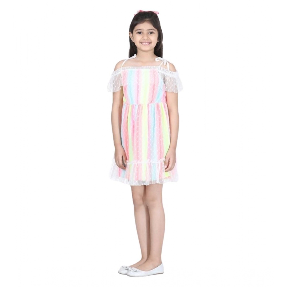 Girl's Polyester Self Design Cold Shoulder Dress (Multicolor) - Image 2