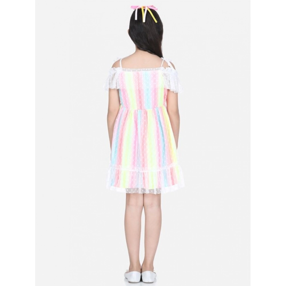 Girl's Polyester Self Design Cold Shoulder Dress (Multicolor) - Image 3