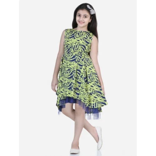 Girl's Polyester Crepe & Net Printed Sleeveless Dress (Yellow-Blue)
