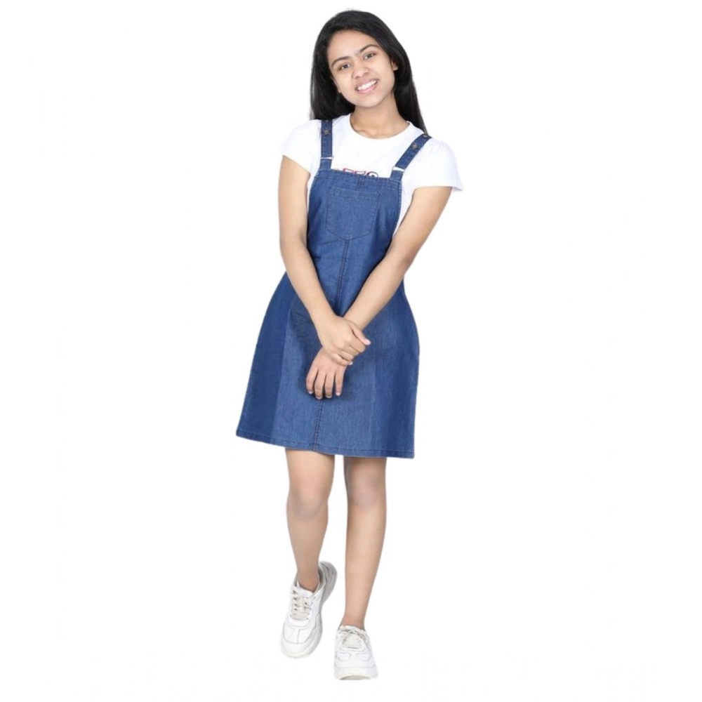 Girl's Denim Solid Sleeveless Dress (Blue) - Image 2