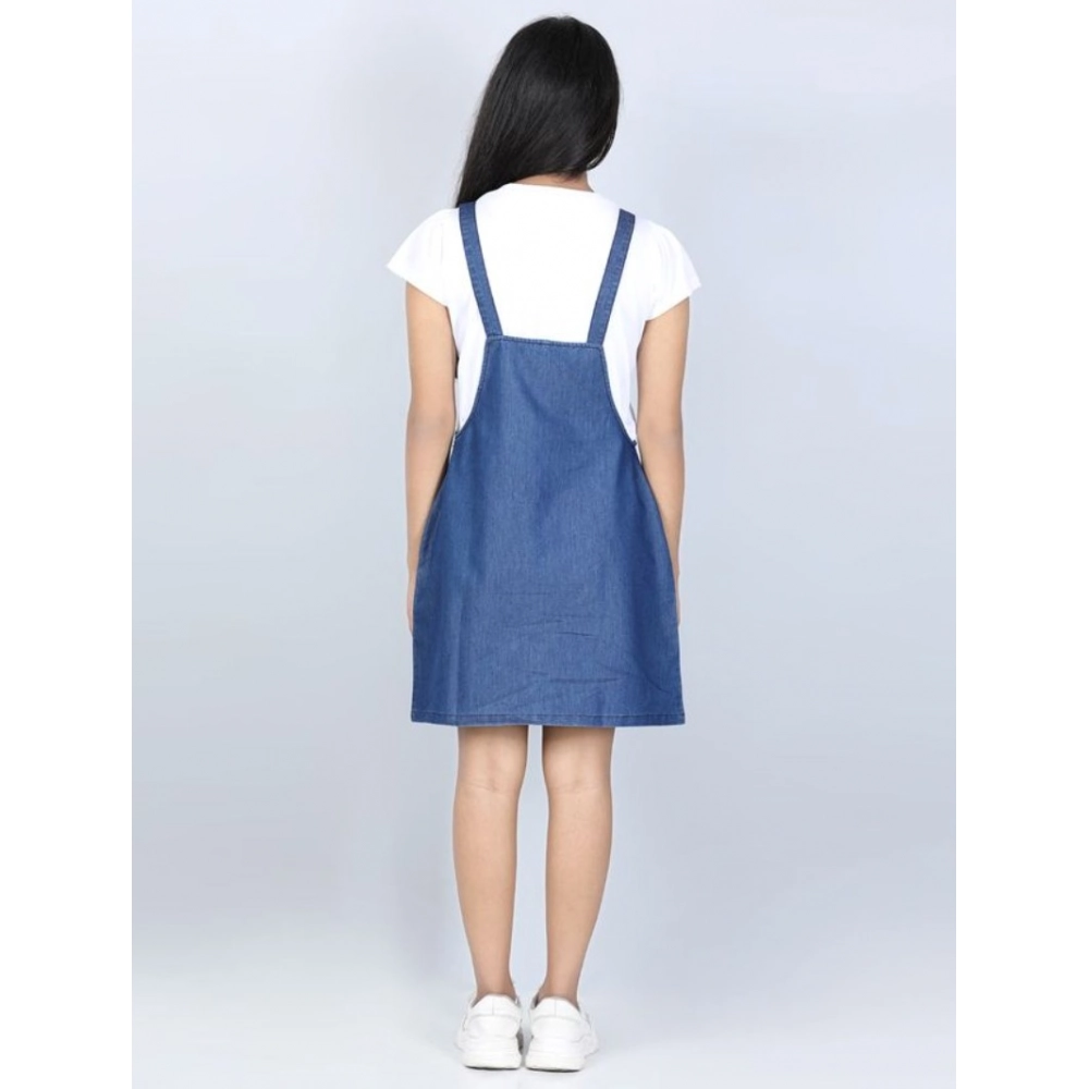 Girl's Denim Solid Sleeveless Dress (Blue) - Image 3