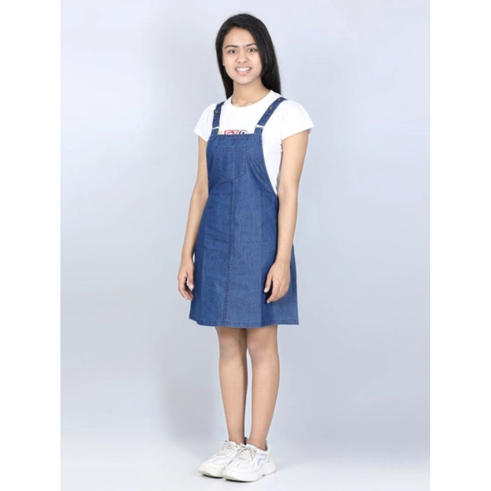 Girl's Denim Solid Sleeveless Dress (Blue) - Image 4
