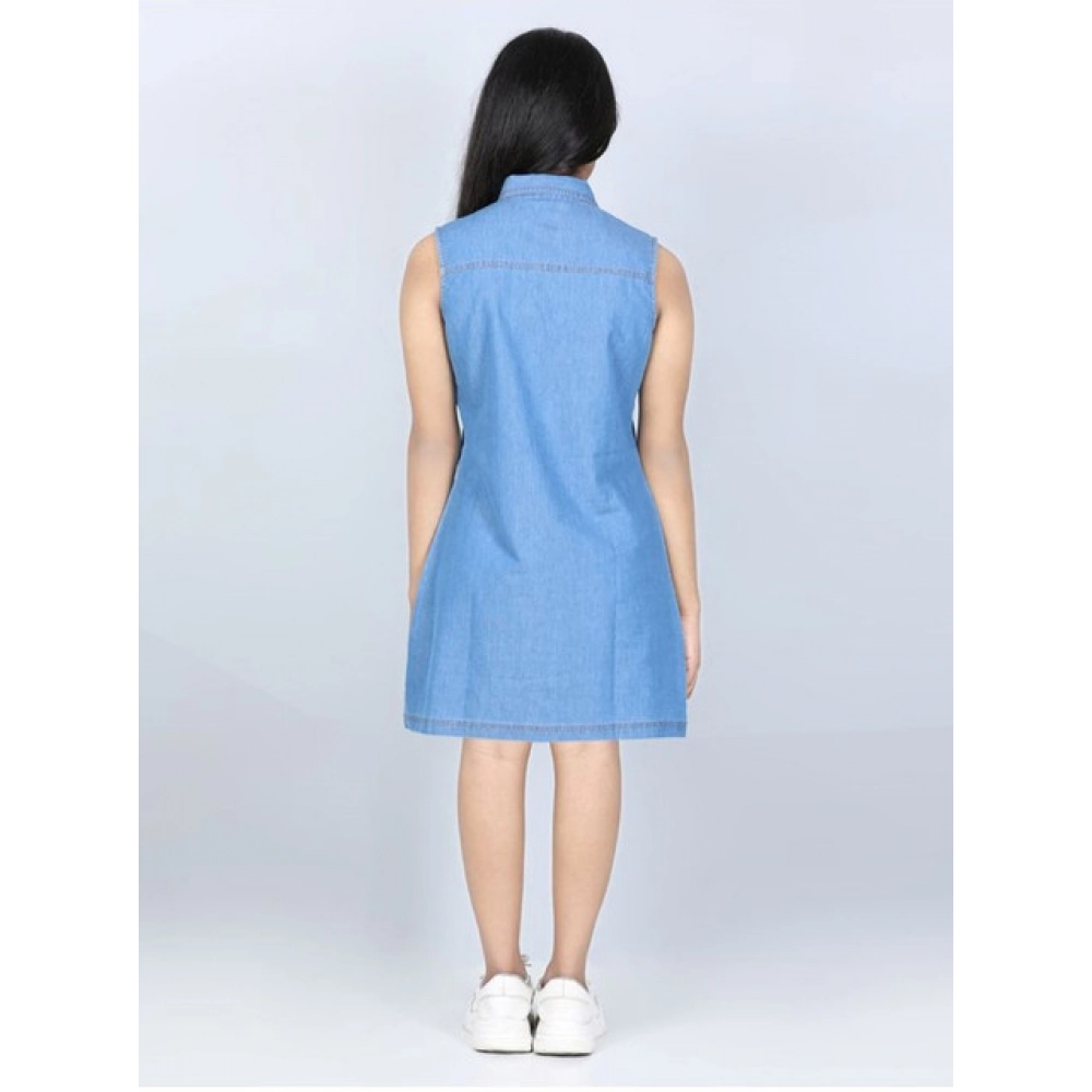 Girl's Denim Solid Cold Shoulder Dress (Blue) - Image 3