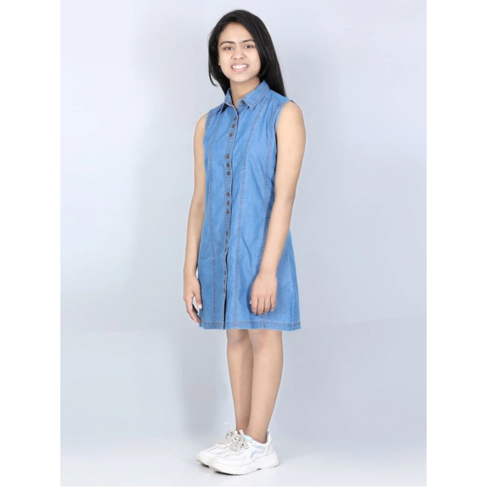 Girl's Denim Solid Cold Shoulder Dress (Blue) - Image 4