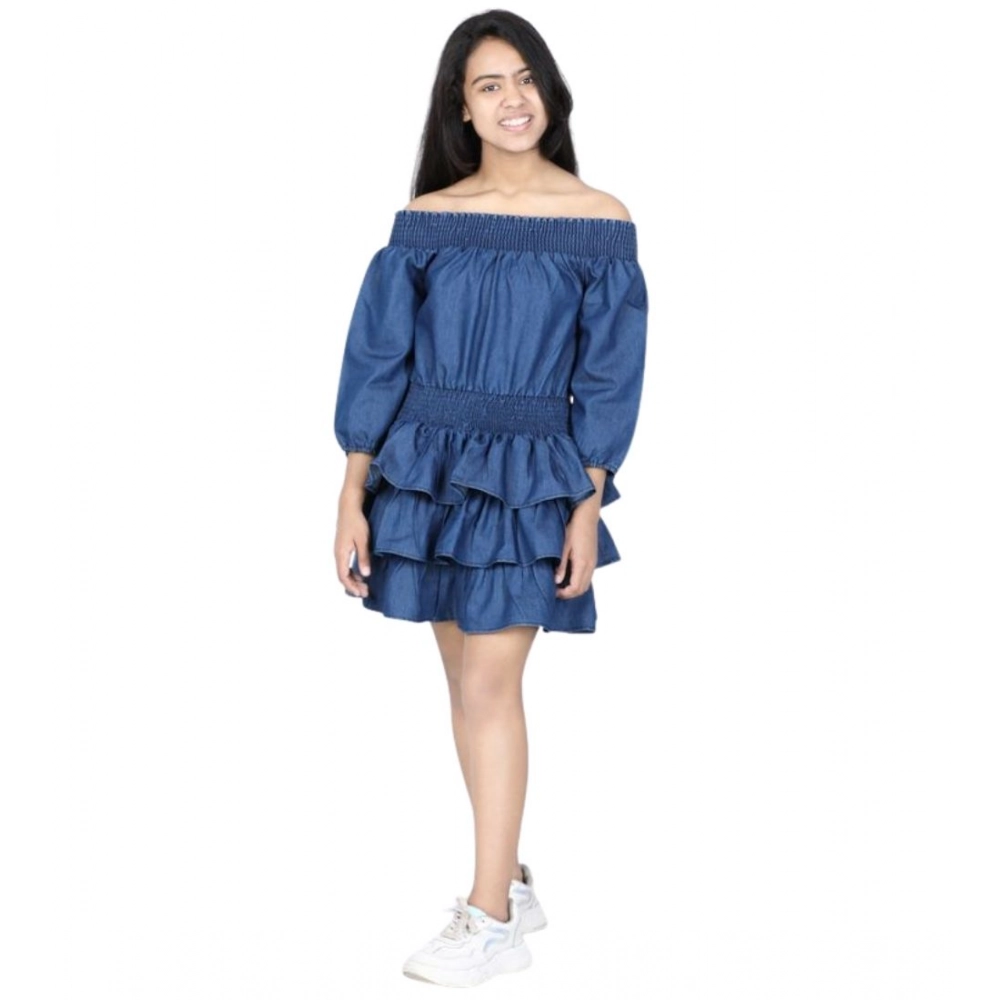 Girl's Denim Solid Off Shoulder Dress (Blue) - Image 2