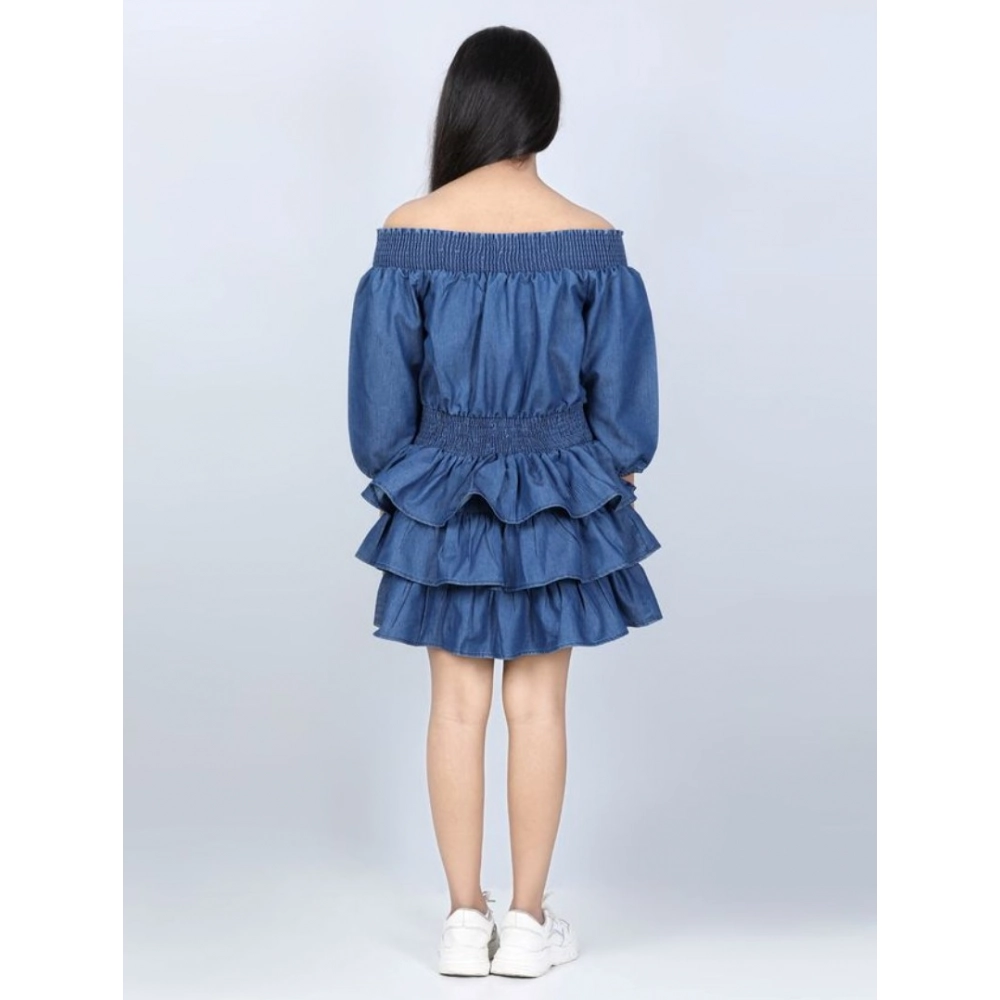 Girl's Denim Solid Off Shoulder Dress (Blue) - Image 3