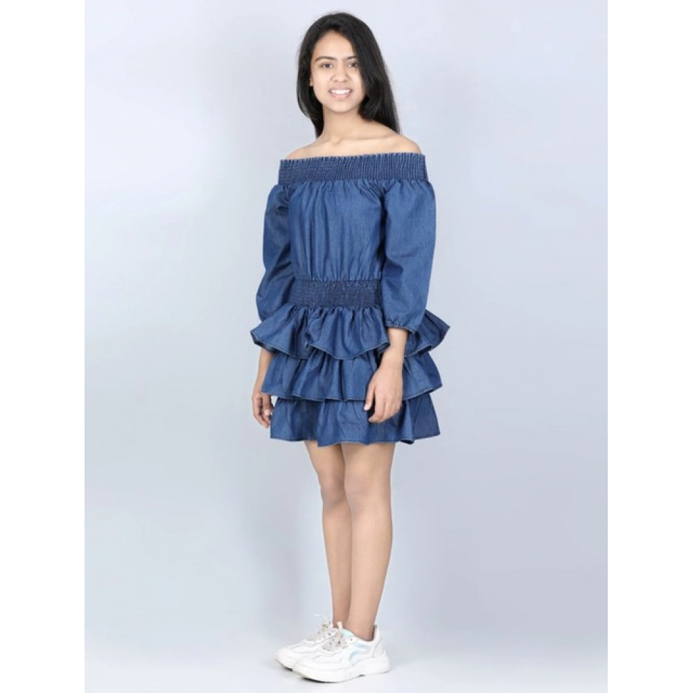 Girl's Denim Solid Off Shoulder Dress (Blue) - Image 4