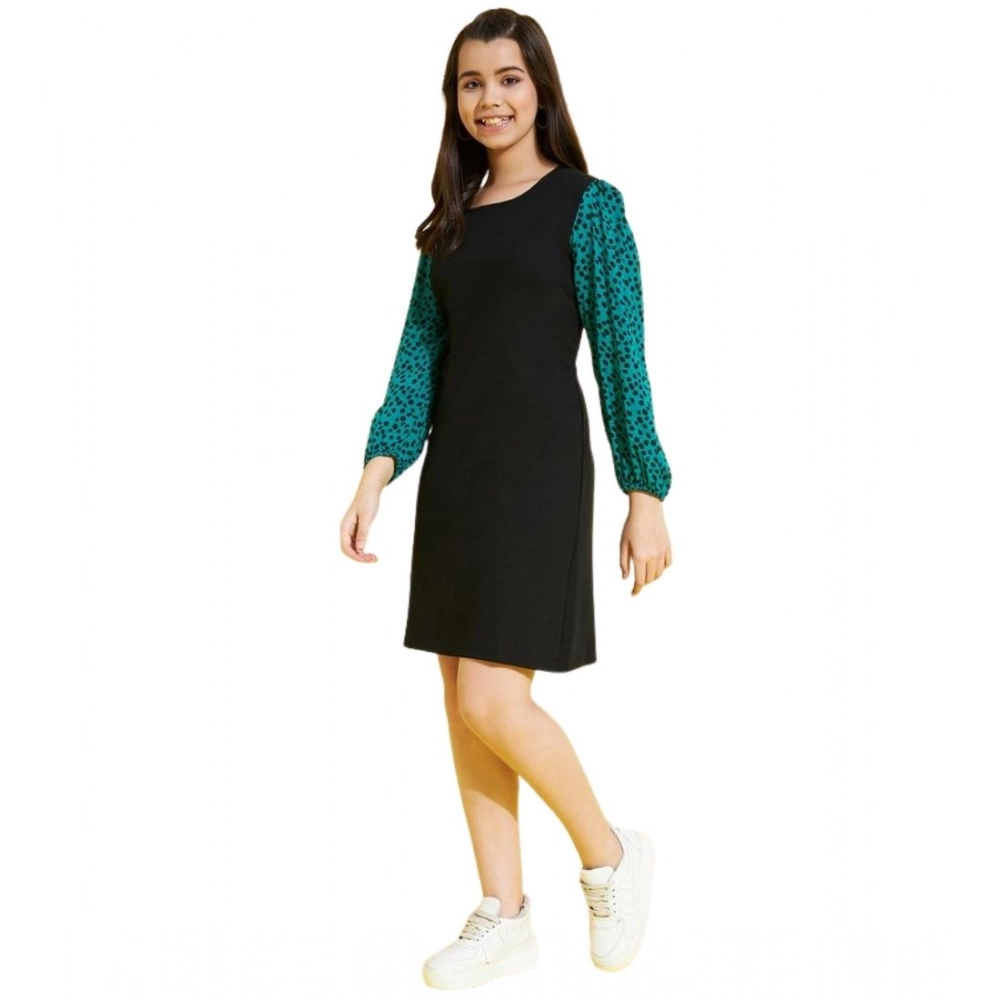 Girl's Polyester Printed Long Sleeves Dress (Black-Green) - Image 2