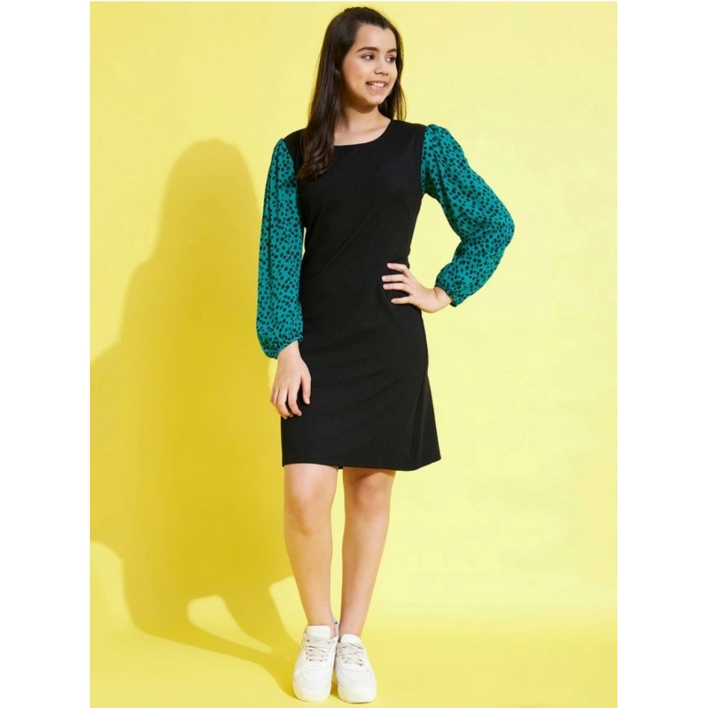 Girl's Polyester Printed Long Sleeves Dress (Black-Green) - Image 3