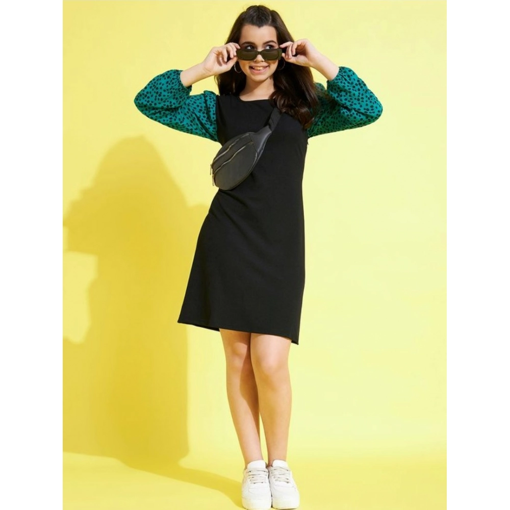 Girl's Polyester Printed Long Sleeves Dress (Black-Green) - Image 4