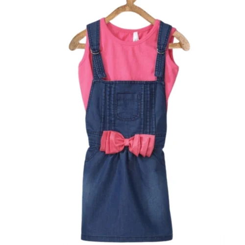 Girl's Denim & Cotton Bow Sleeveless Dungaree (Pink)