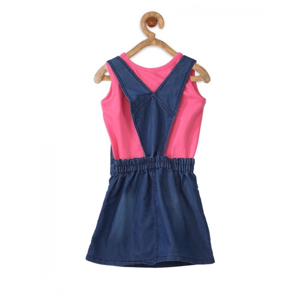 Girl's Denim & Cotton Bow Sleeveless Dungaree (Pink) - Image 2