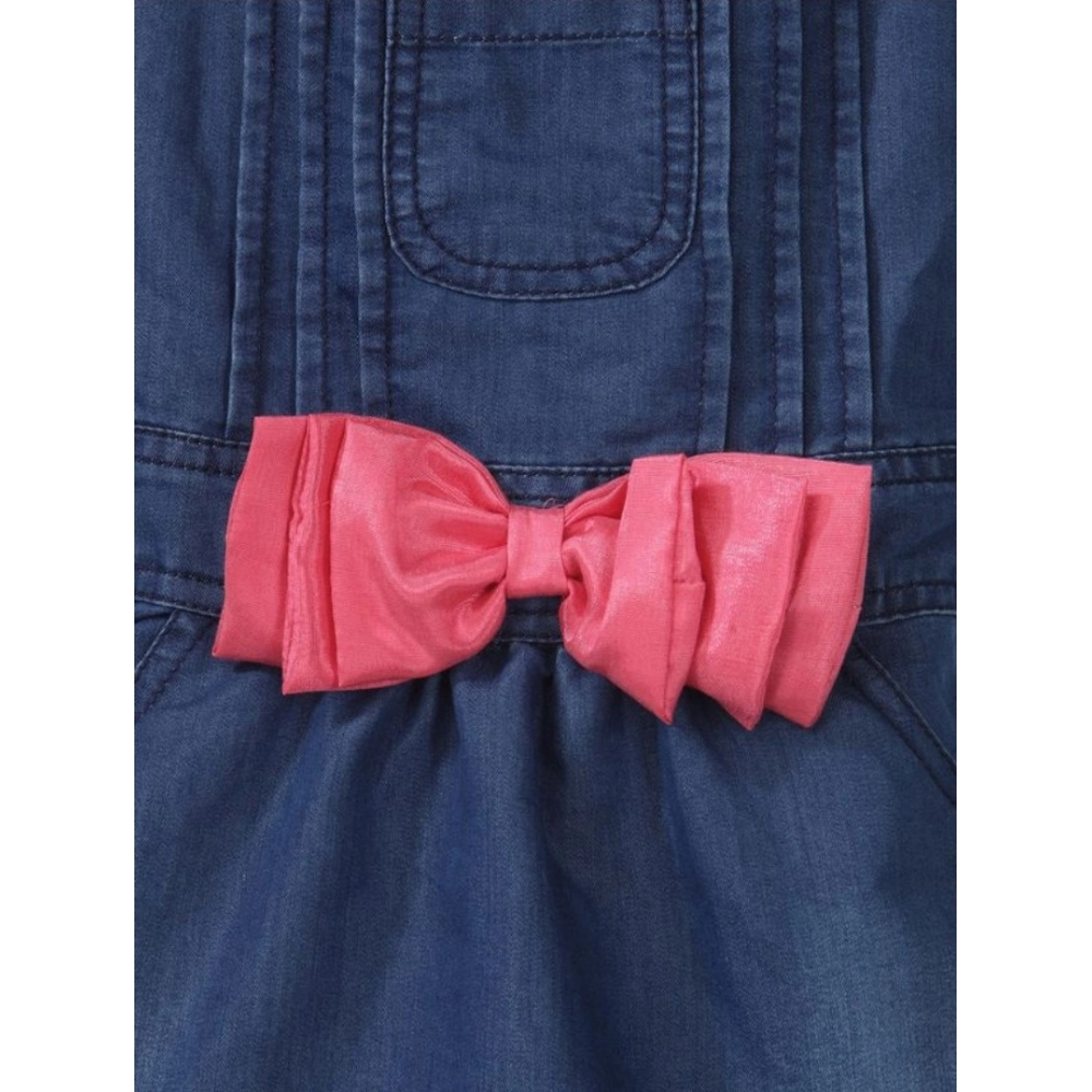 Girl's Denim & Cotton Bow Sleeveless Dungaree (Pink) - Image 3