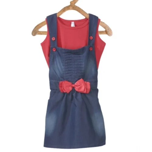 Girl's Denim & Cotton Bow Sleeveless Dungaree (Red)