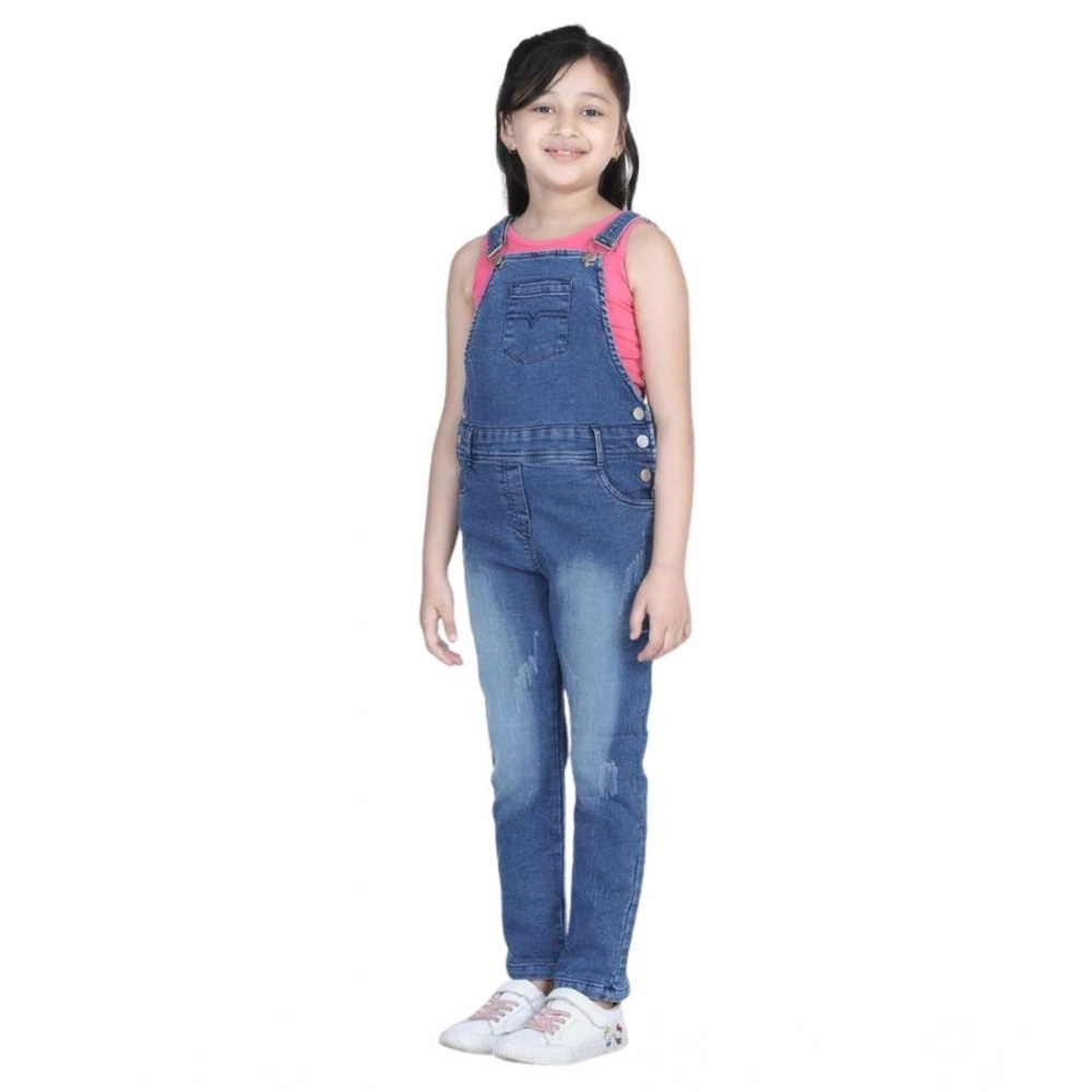 Girl's Denim Washed Buttoned Dungaree (Blue) - Image 2