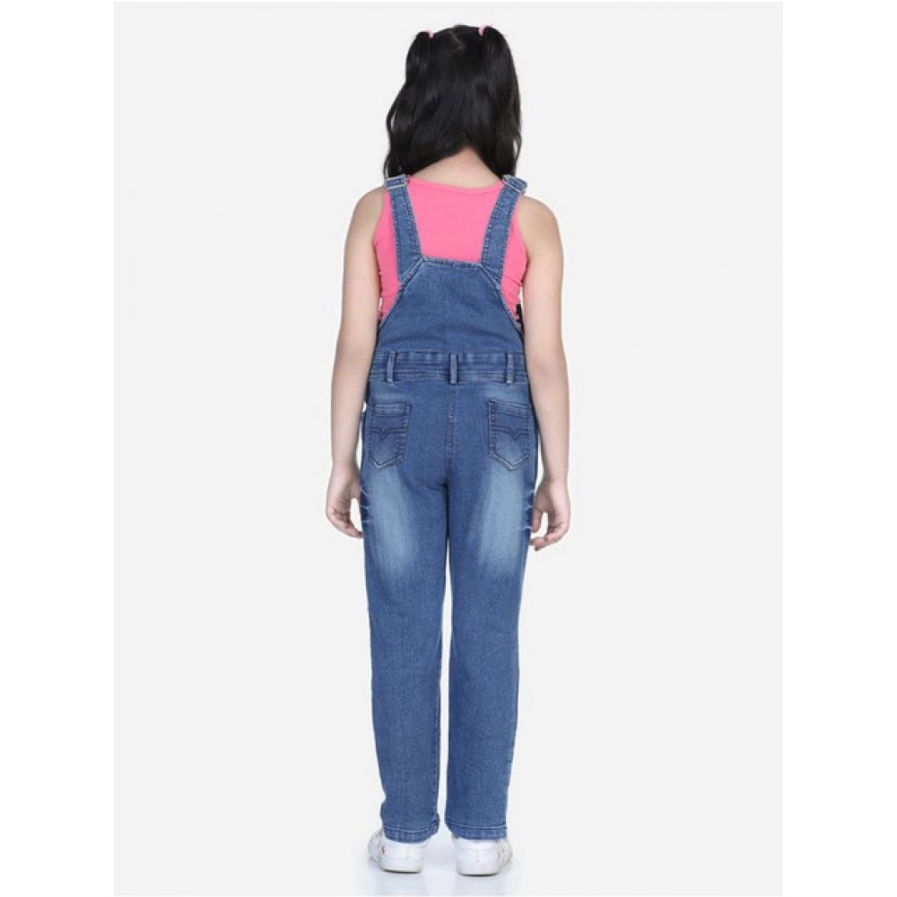 Girl's Denim Washed Buttoned Dungaree (Blue) - Image 3