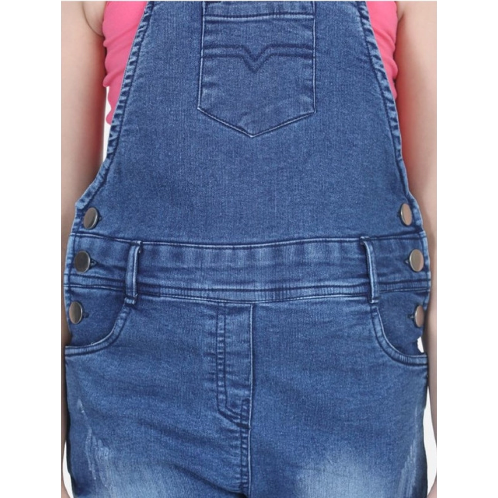 Girl's Denim Washed Buttoned Dungaree (Blue) - Image 4