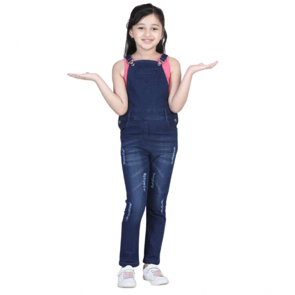 Girl's Denim Distressed Buttoned Dungaree (Blue) - Image 2