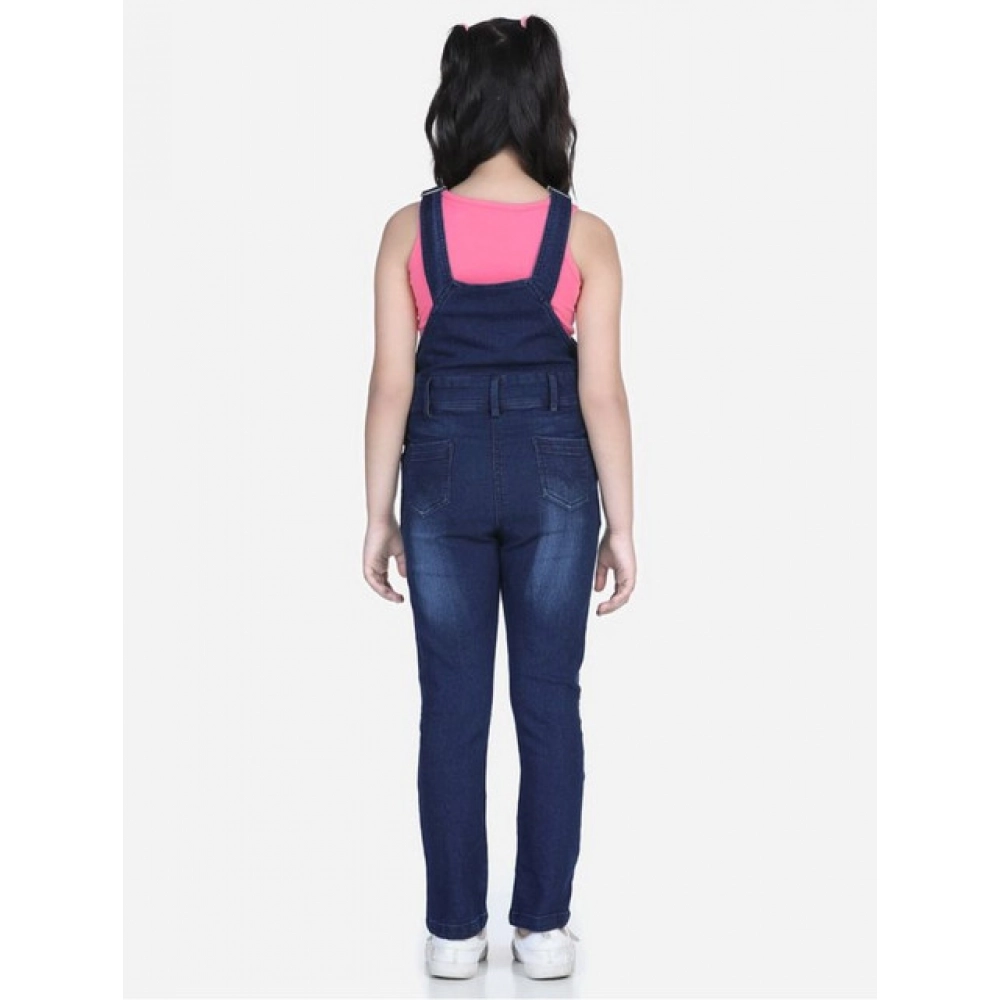 Girl's Denim Distressed Buttoned Dungaree (Blue) - Image 3