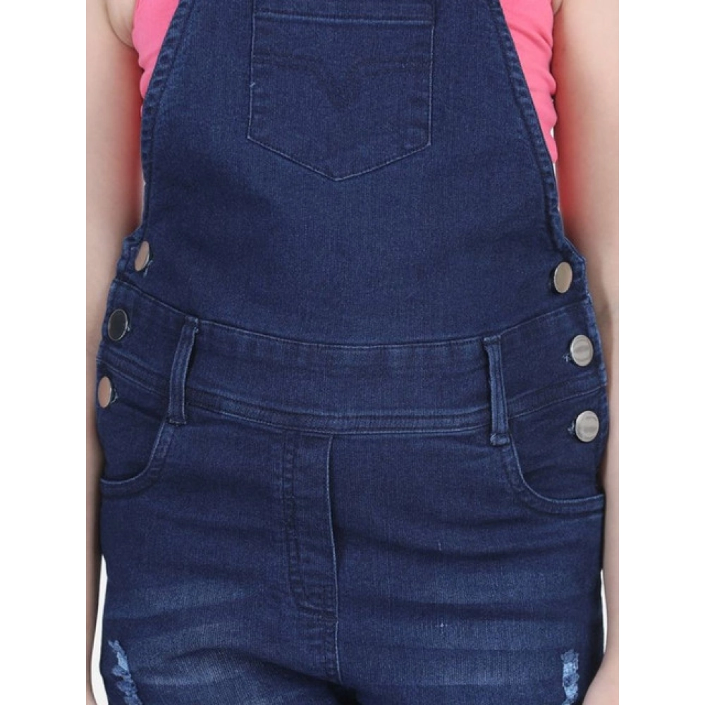 Girl's Denim Distressed Buttoned Dungaree (Blue) - Image 4