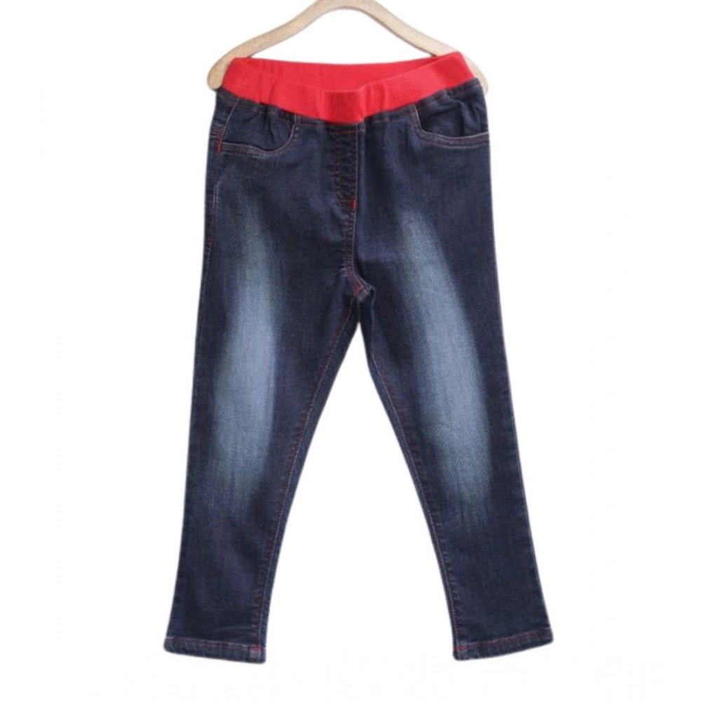 Girl's Denim Ribbed Elasticated Jeans (Red-Blue) - Image 2